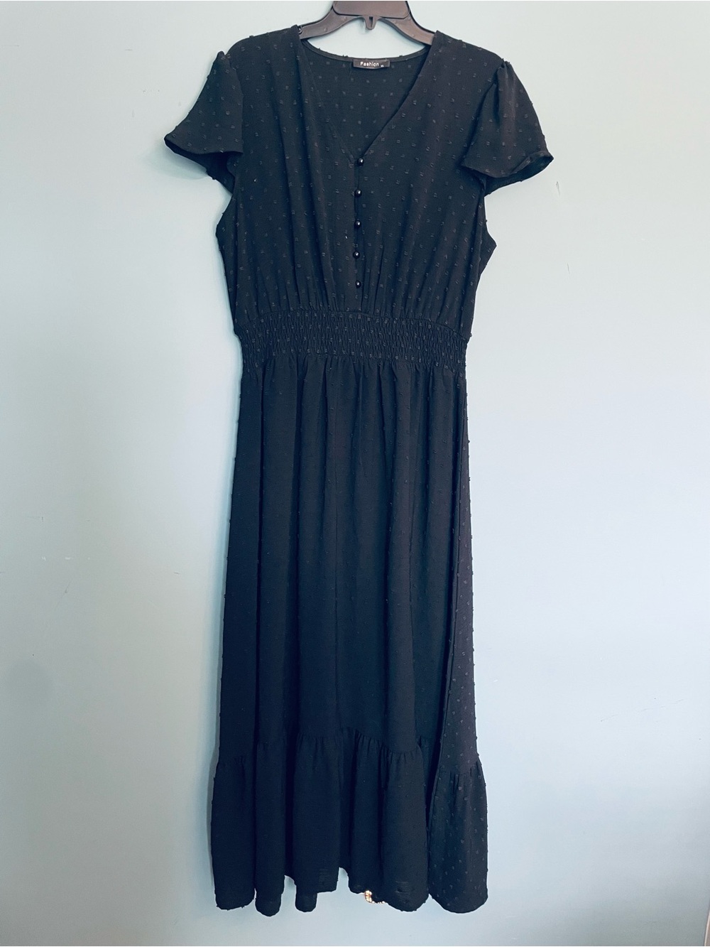 Black V-Neck Smocked Waist Midi Dress